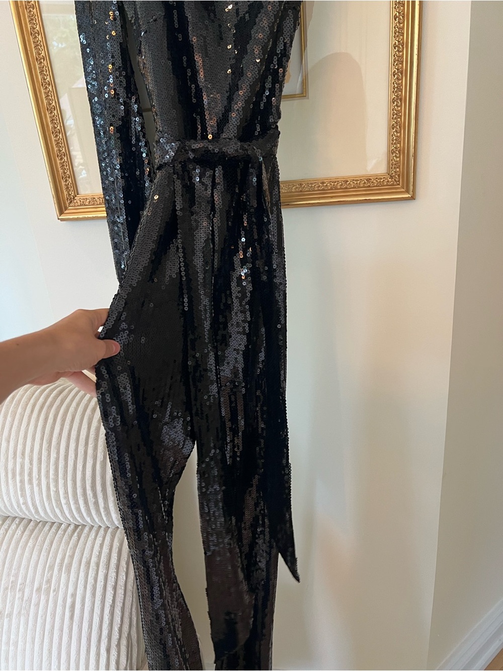 NADINE MERABI Black One-Shoulder Sequin Jumpsuit with Draped Tie - Picture 4 of 9
